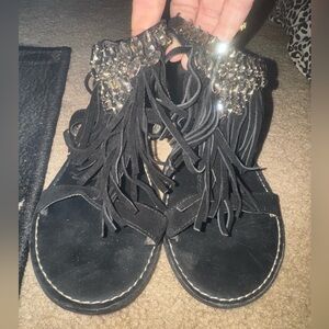 Black Fringe Sandals with Embellishments